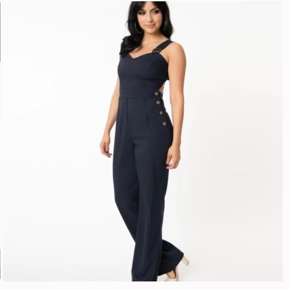 UNIQUE VINTAGE Sedgewick Blue Nautical Pin-Up Tie Back Jumpsuit • size Medium - Picture 4 of 7